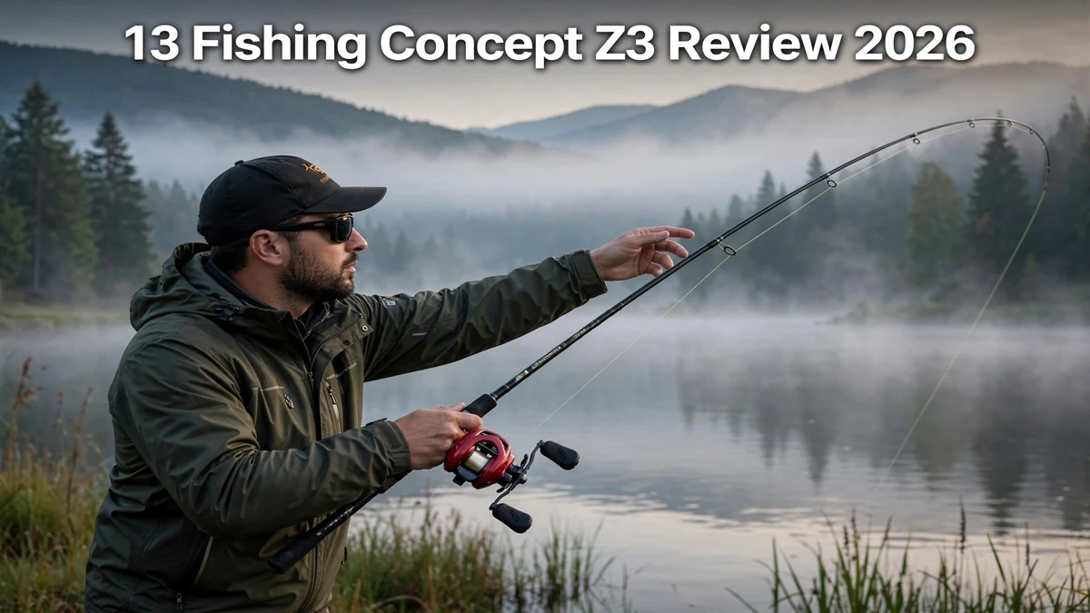 13 Fishing Concept Z3 review 2026 — red Concept Z3 baitcasting reel over a misty lake at dawn