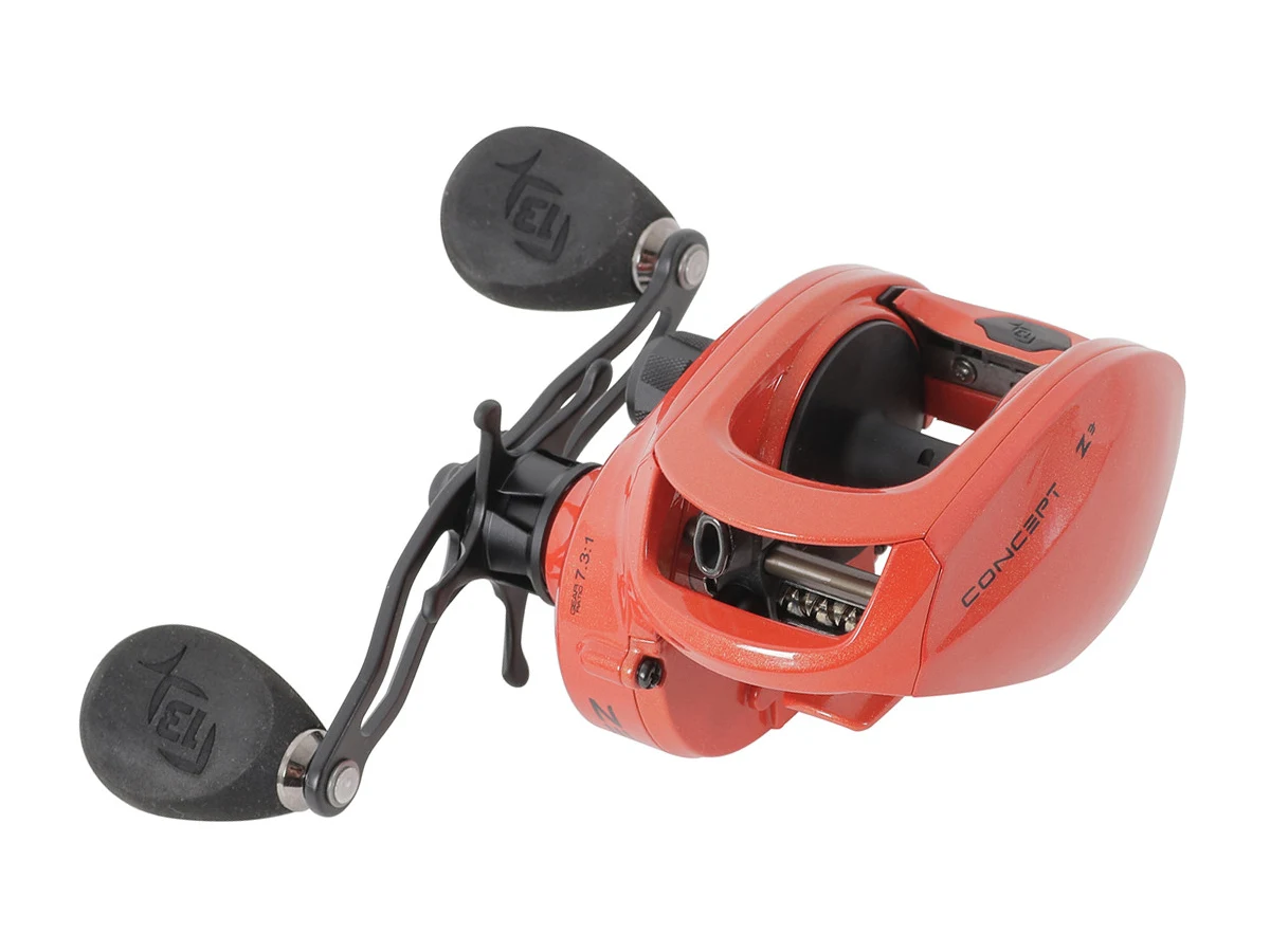 13 Fishing Concept Z3 baitcasting reel side view showing red frame, 7.3:1 gearing and EVA knobs