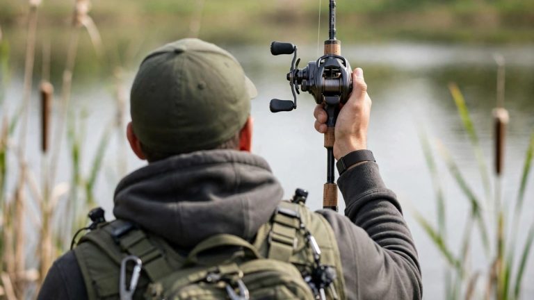 Angler holding a baitcasting rod and reel