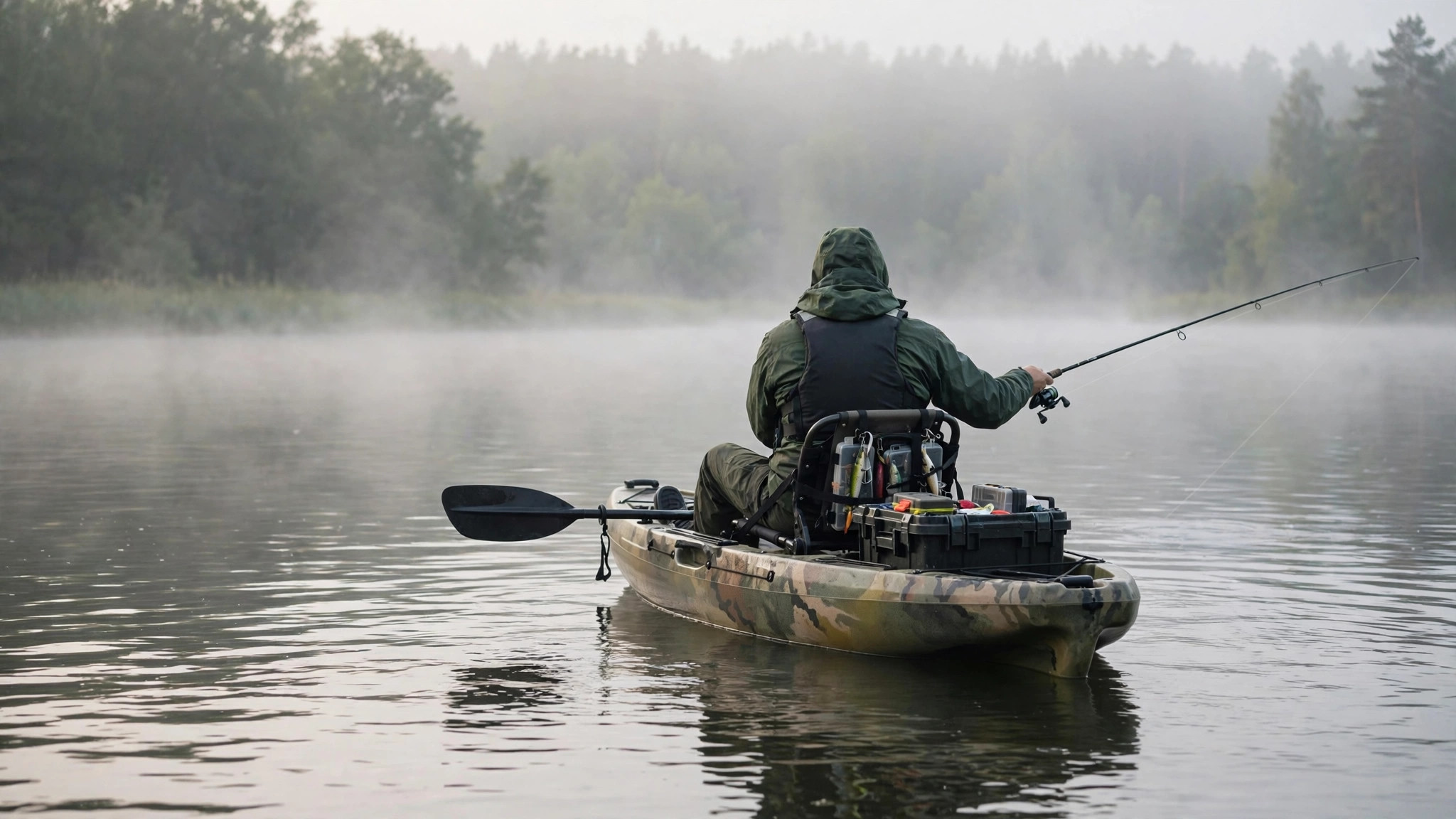 Angler casting a baitcasting rod from a sit-on-top fishing kayak at dawn