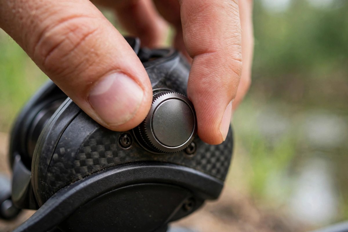 Turning the brake dial on a baitcaster to reset it for distance