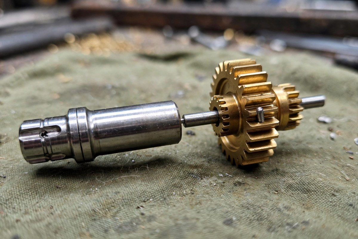 A baitcaster spool shaft cross pin beside the brass pinion gear it engages