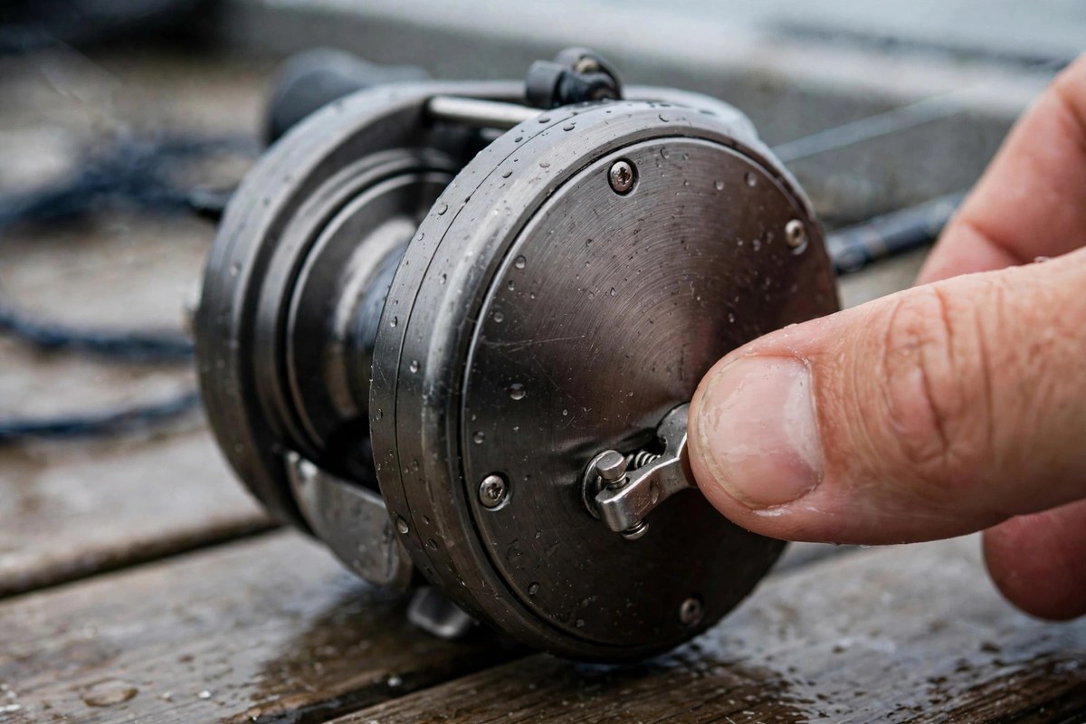 The clicker switch on the side plate of a round baitcasting reel