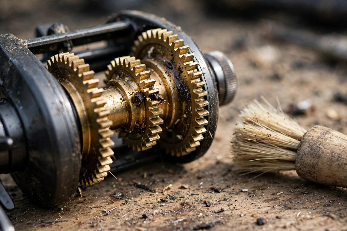 Grit and debris caught between the brass gear teeth of an opened baitcaster