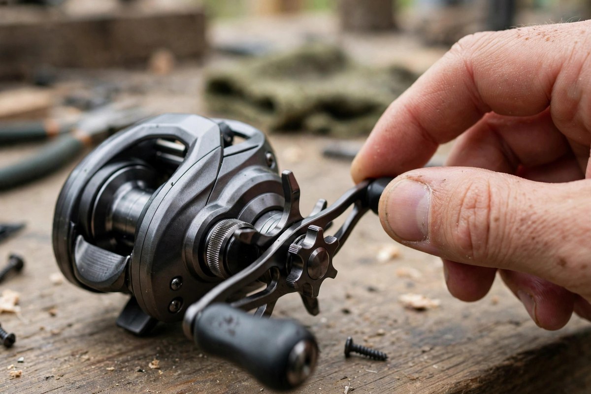 Checking a baitcaster handle knob for play, a common source of clicks felt in the hand