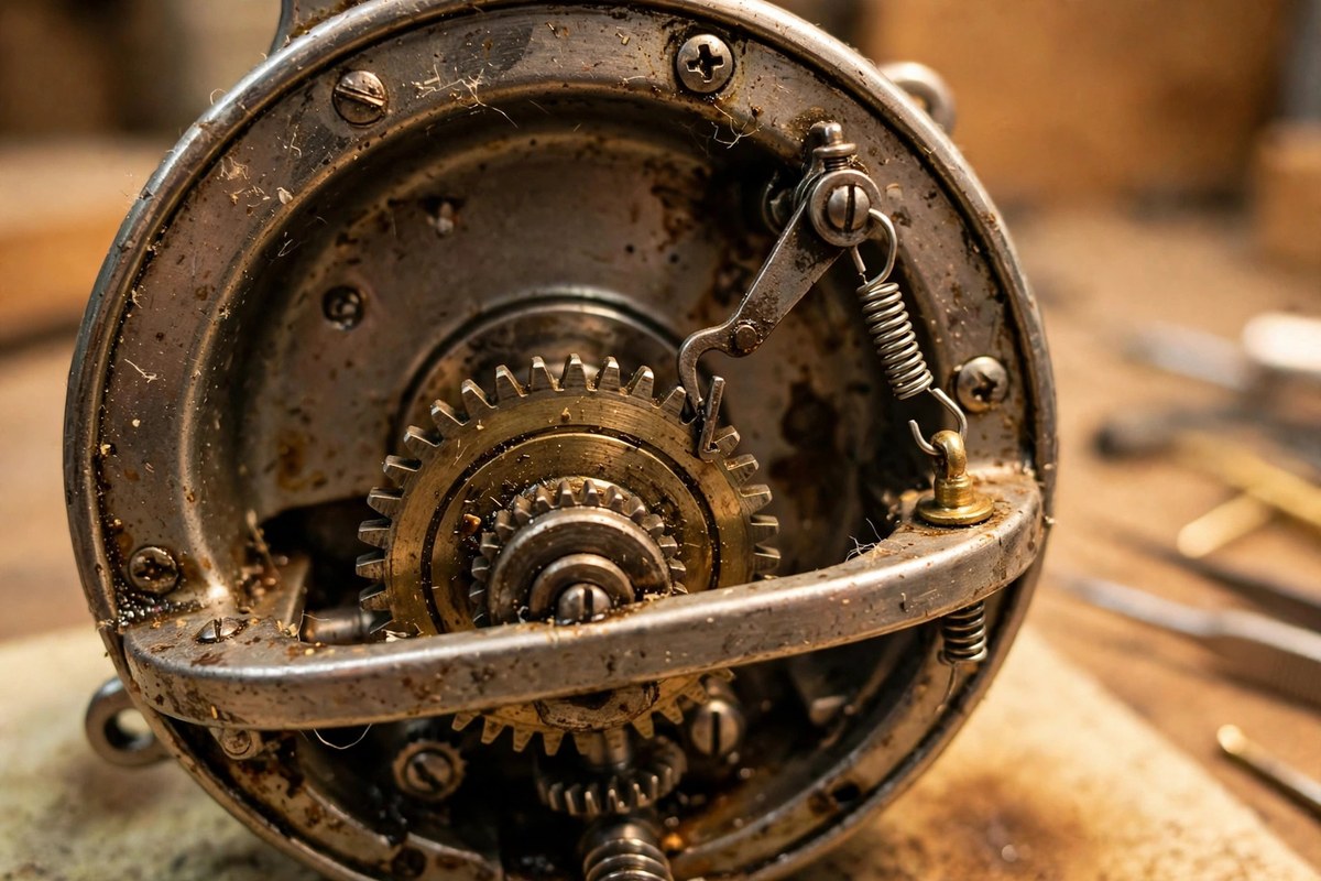 The anti-reverse pawl and ratchet inside an older round baitcasting reel