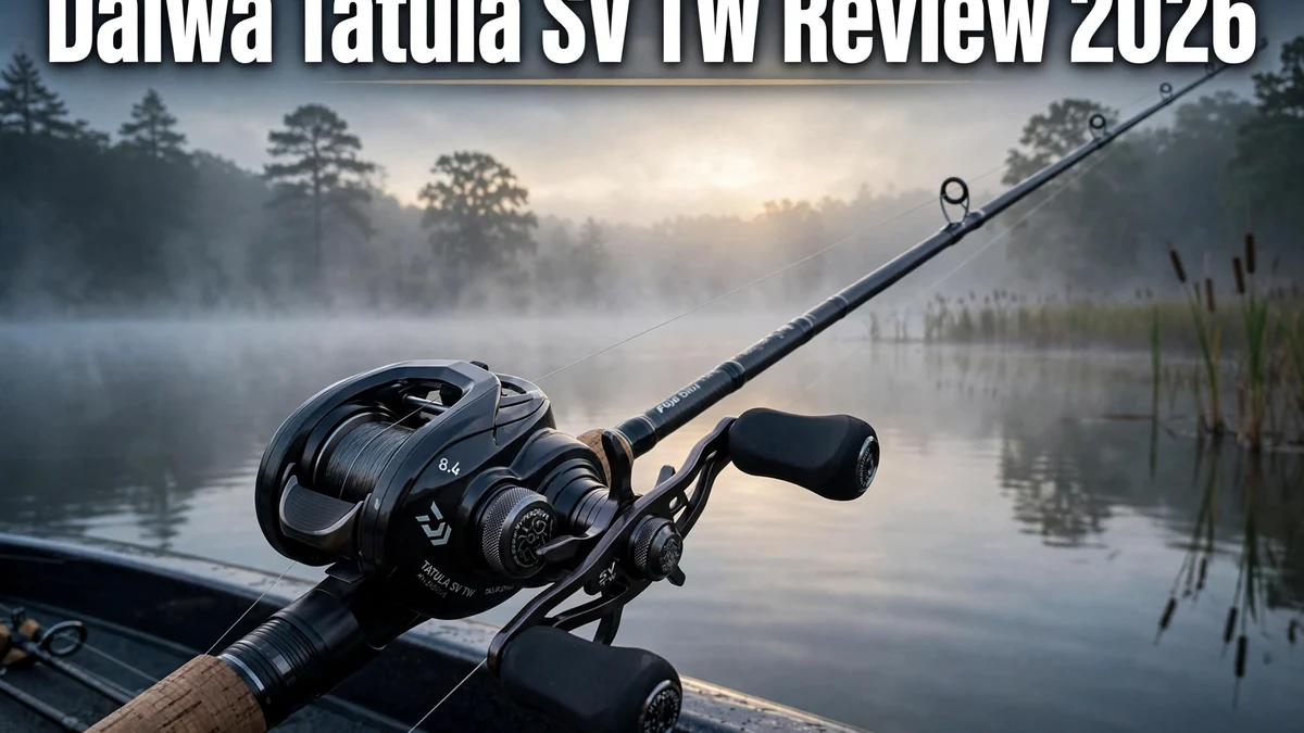 Daiwa Tatula SV TW baitcasting reel mounted on a fishing rod at a misty lake at dawn