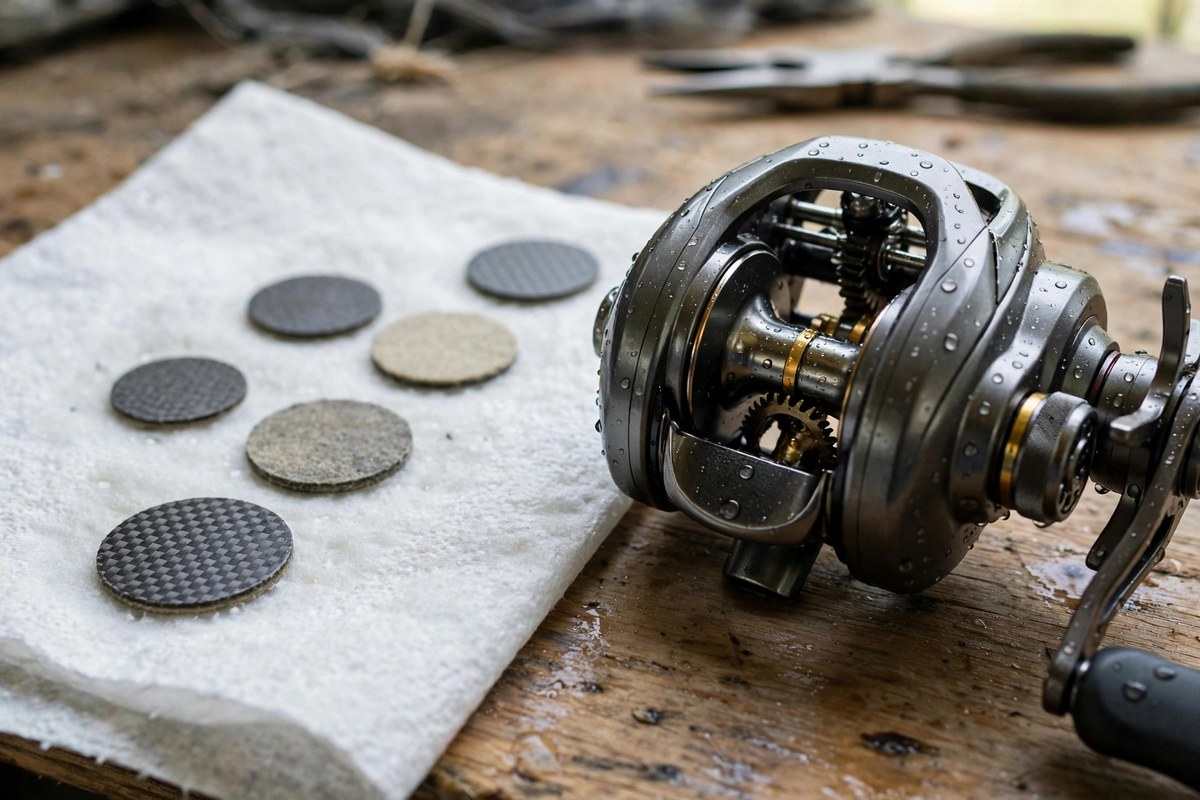 Drag washers laid out on a towel to dry beside the opened reel