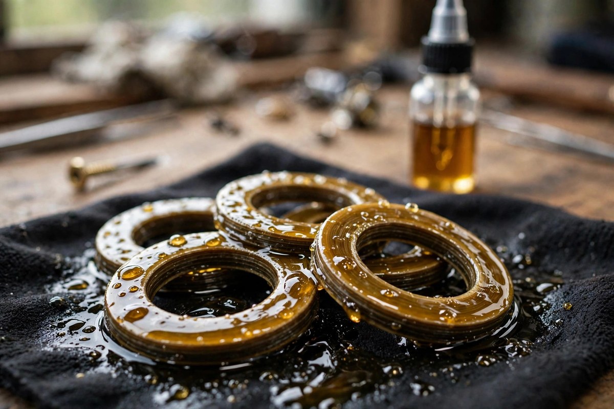 Drag washers glistening with migrated reel oil, the cause of a slipping and surging drag