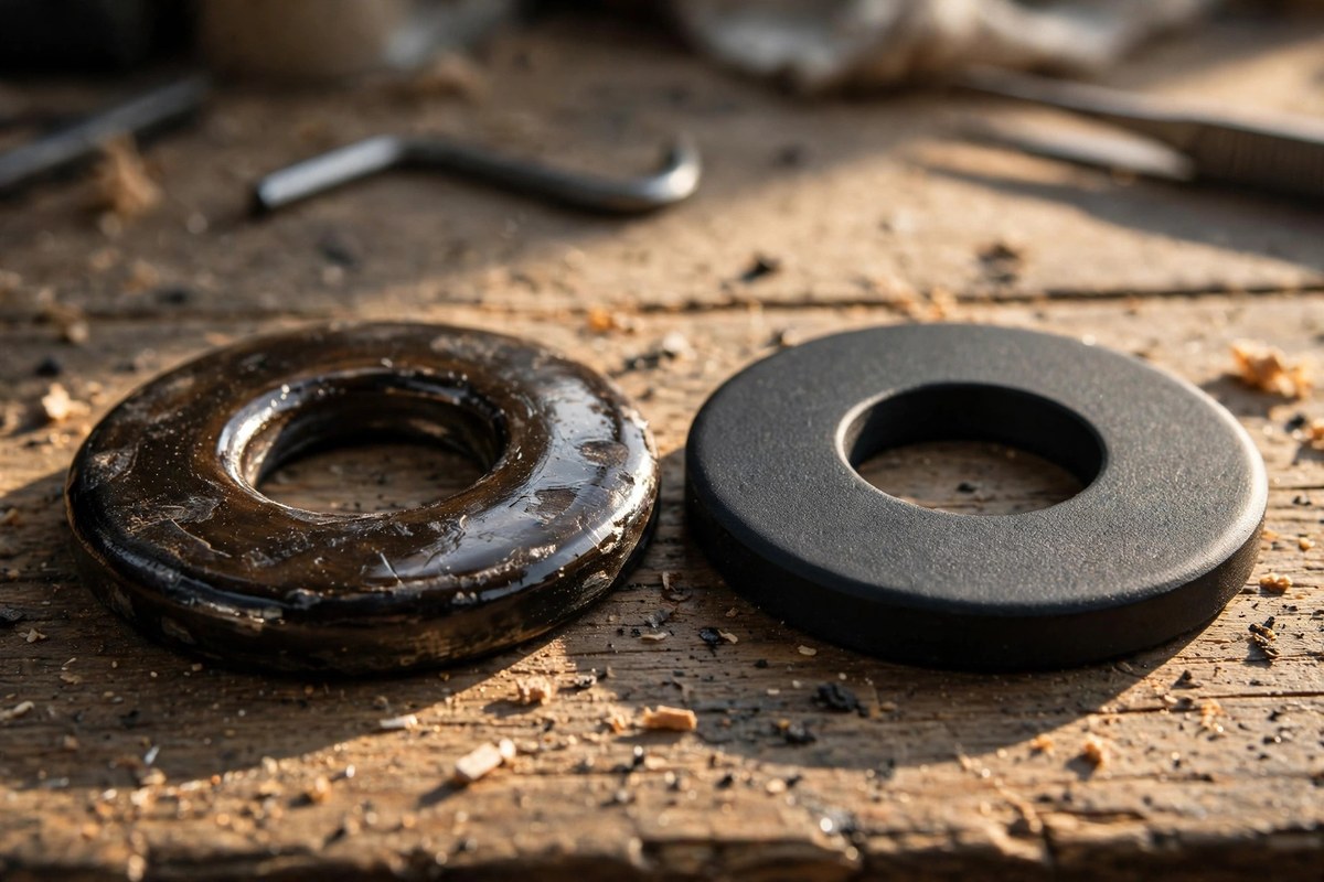 A worn, glazed drag washer beside a new matte carbon washer