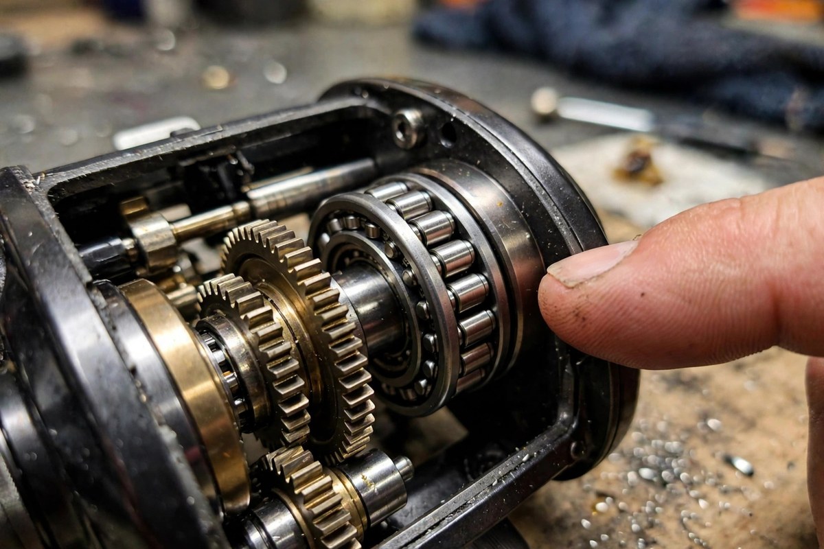 The one way anti-reverse bearing around the main shaft inside an opened baitcaster
