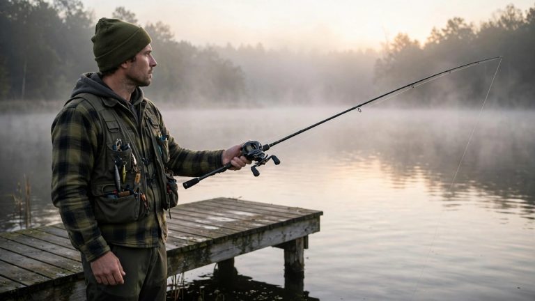 Angler with baitcasting rod and reel on a dock at sunrise
