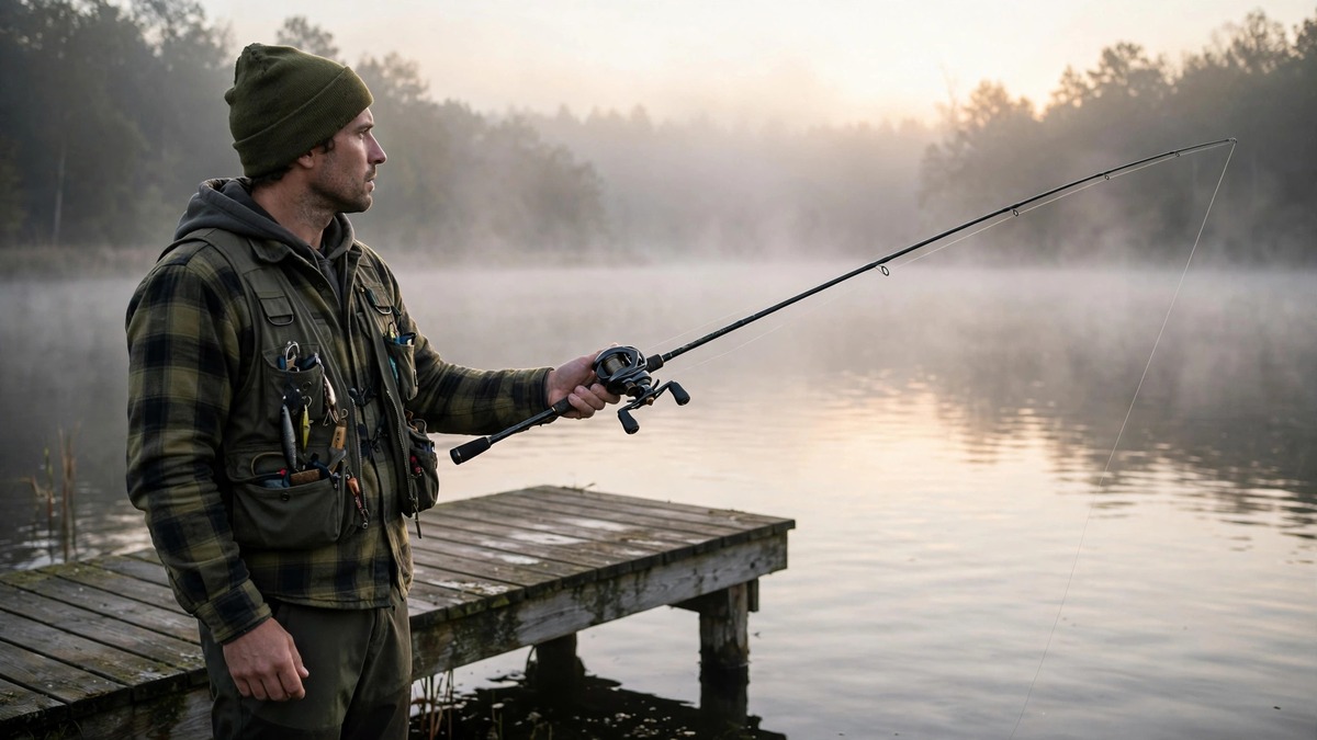 Angler with baitcasting rod and reel on a dock at sunrise