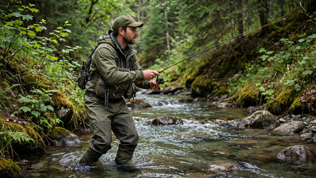Angler wading a trout stream with a compact BFS baitcasting reel