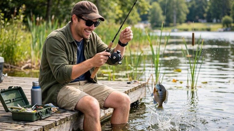 Angler fishing with a spincast reel from a dock