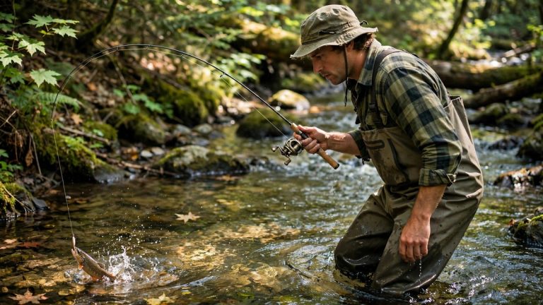 Angler fishing a stream with a BFS baitcasting reel
