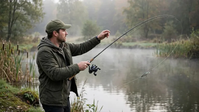 Angler casting with a low-profile baitcasting reel at dawn