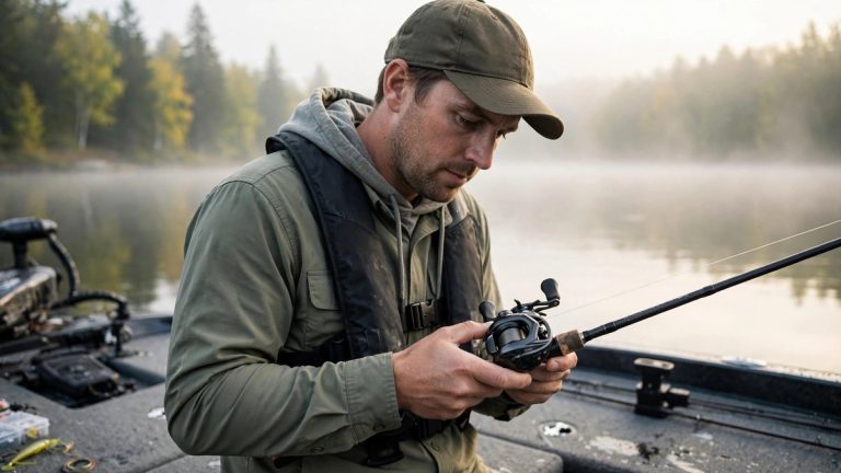 Angler holding a baitcasting reel on a boat