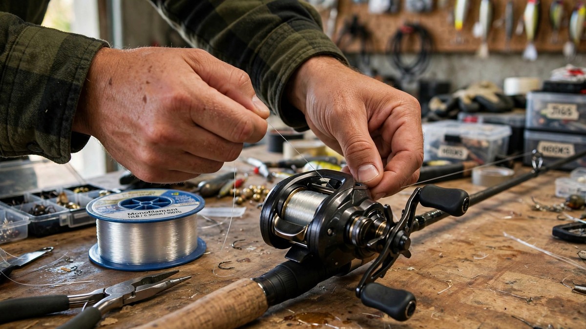 Angler spooling line onto a baitcasting reel before practicing casting