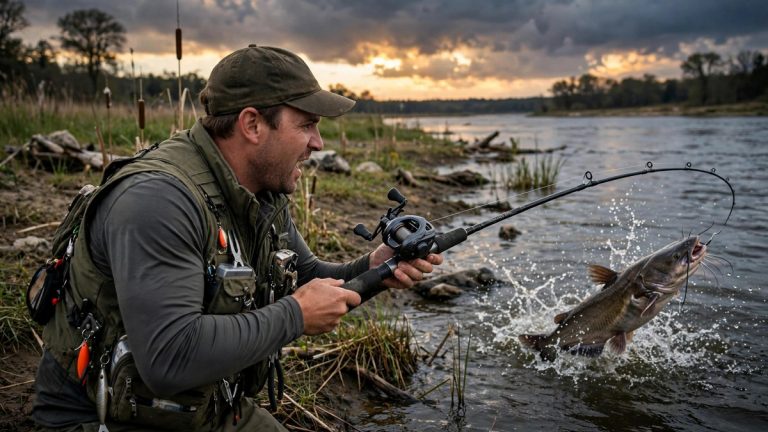 Angler pulling a catfish from the river