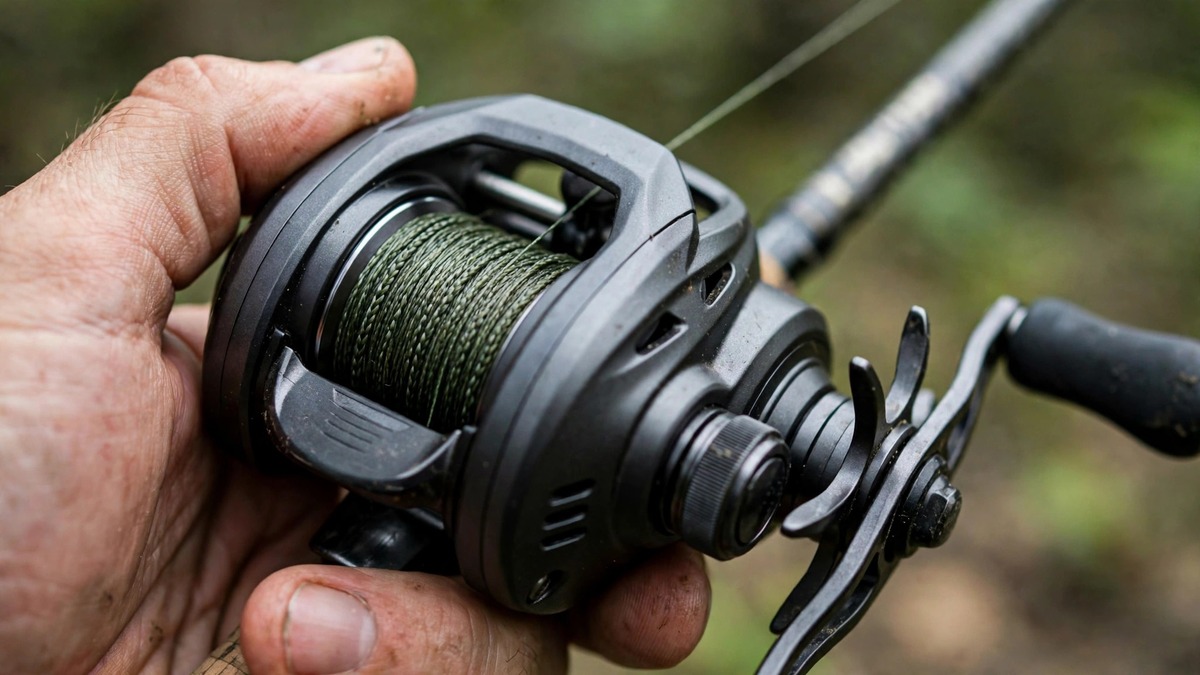 Close-up of braided line on a baitcaster spool