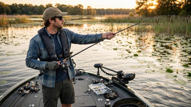 Angler casting a baitcasting rod from a bass boat at golden hour