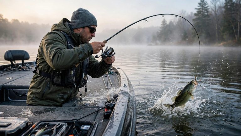 Angler fighting a bass with a Shimano spinning reel on a bass boat