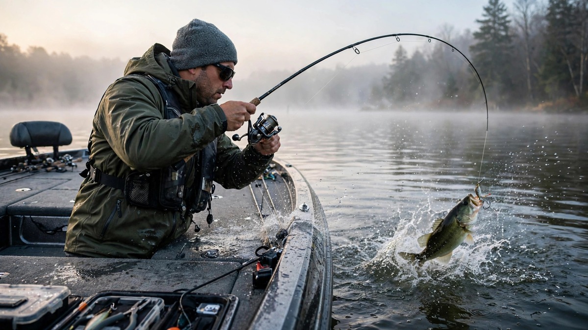Angler fighting a bass with a Shimano spinning reel on a bass boat
