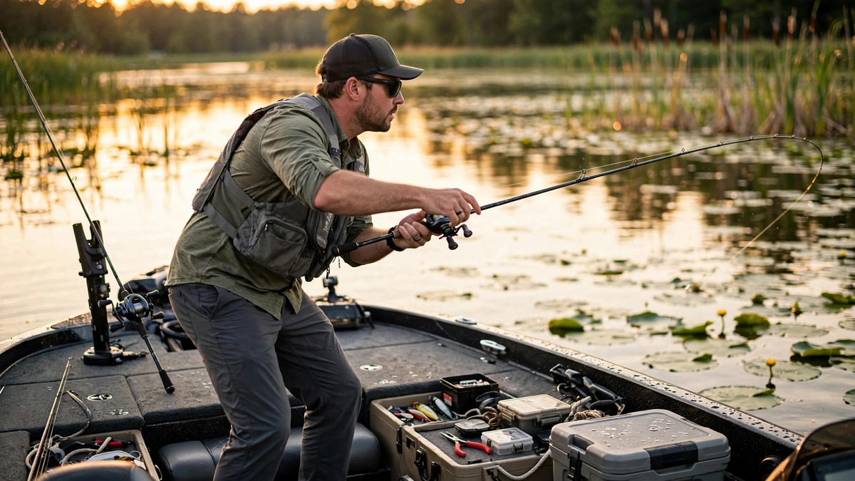 Angler casting a baitcasting reel from a bass boat toward lily pads at golden hour