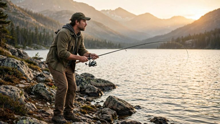 Angler casting a spinning reel from a rocky lakeshore at golden hour