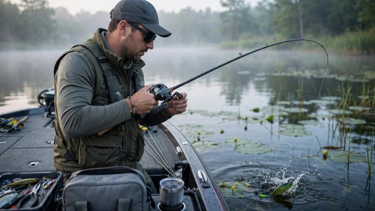 Angler landing fish with a baitcasting reel on a bass boat