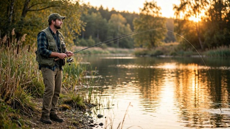 Angler casting a fishing rod with spinning reel on a lake bank at sunset