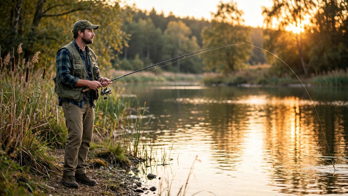 Angler casting a fishing rod with spinning reel on a lake bank at sunset