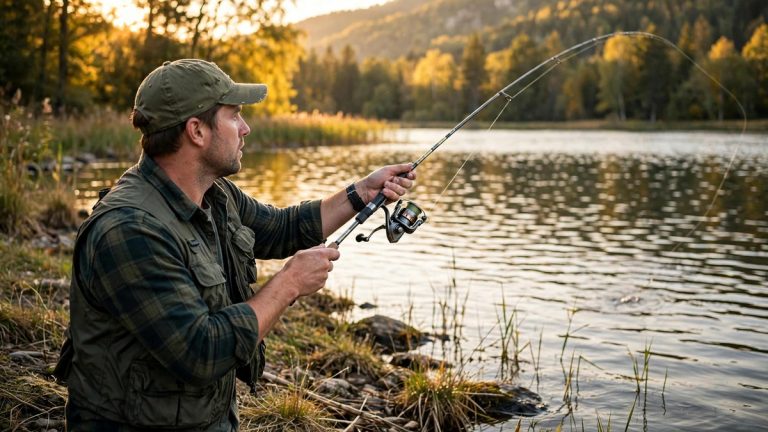 Angler fishing with a spinning rod and reel at golden hour