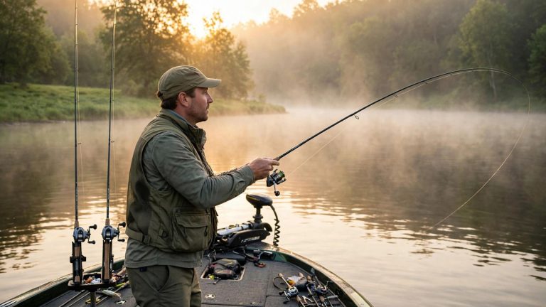 Angler on a bass boat at dawn comparing two fishing rods