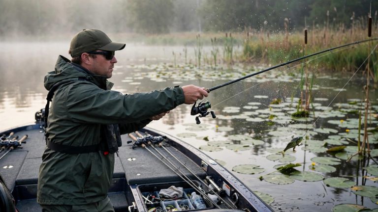 Angler casting a baitcasting reel from a bass boat at sunrise