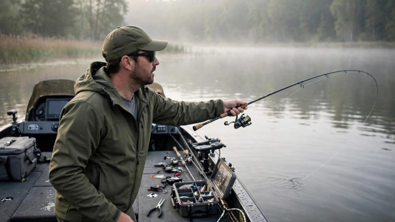 Angler casting a spinning rod from a bass boat at dawn