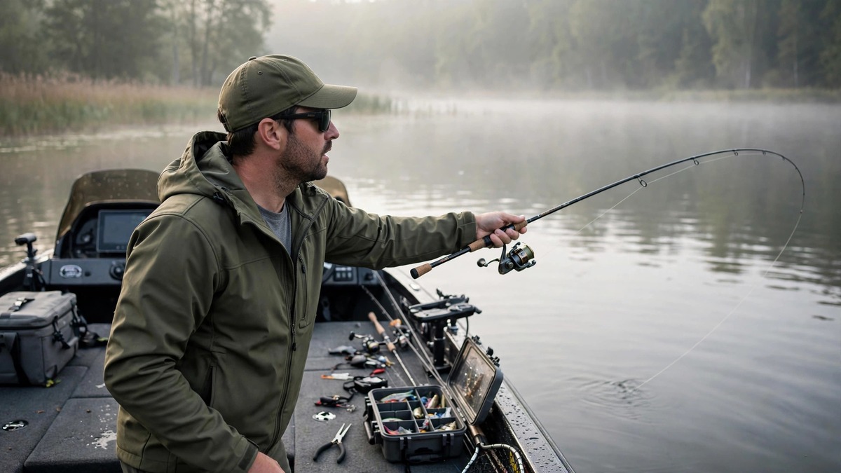 Angler casting a spinning rod from a bass boat at dawn