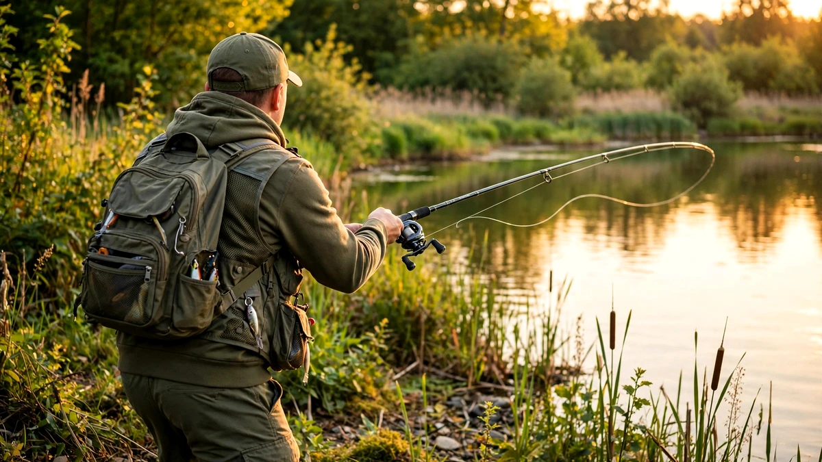 Angler casting a baitcasting rod and reel at a freshwater lake