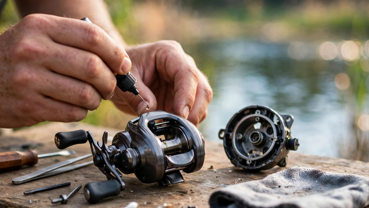 Angler applying a drop of oil to a baitcasting reel spool bearing during maintenance