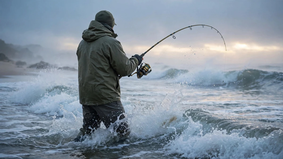 Angler surf fishing with a spinning reel at dawn
