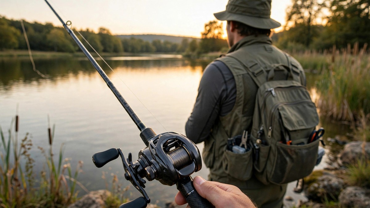 Angler holding a baitcasting rod and reel at the edge of a lake