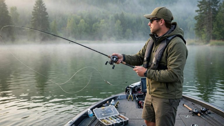 Angler casting a baitcasting reel from a bass boat at sunrise