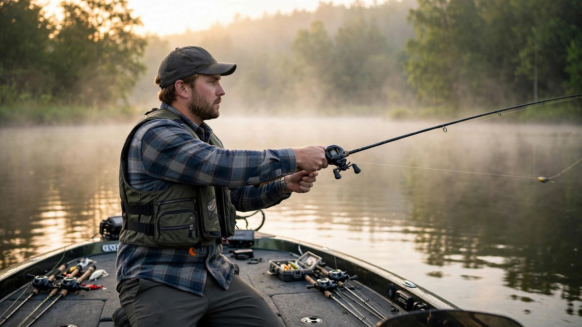 Angler casting a baitcasting reel from a bass boat at dawn