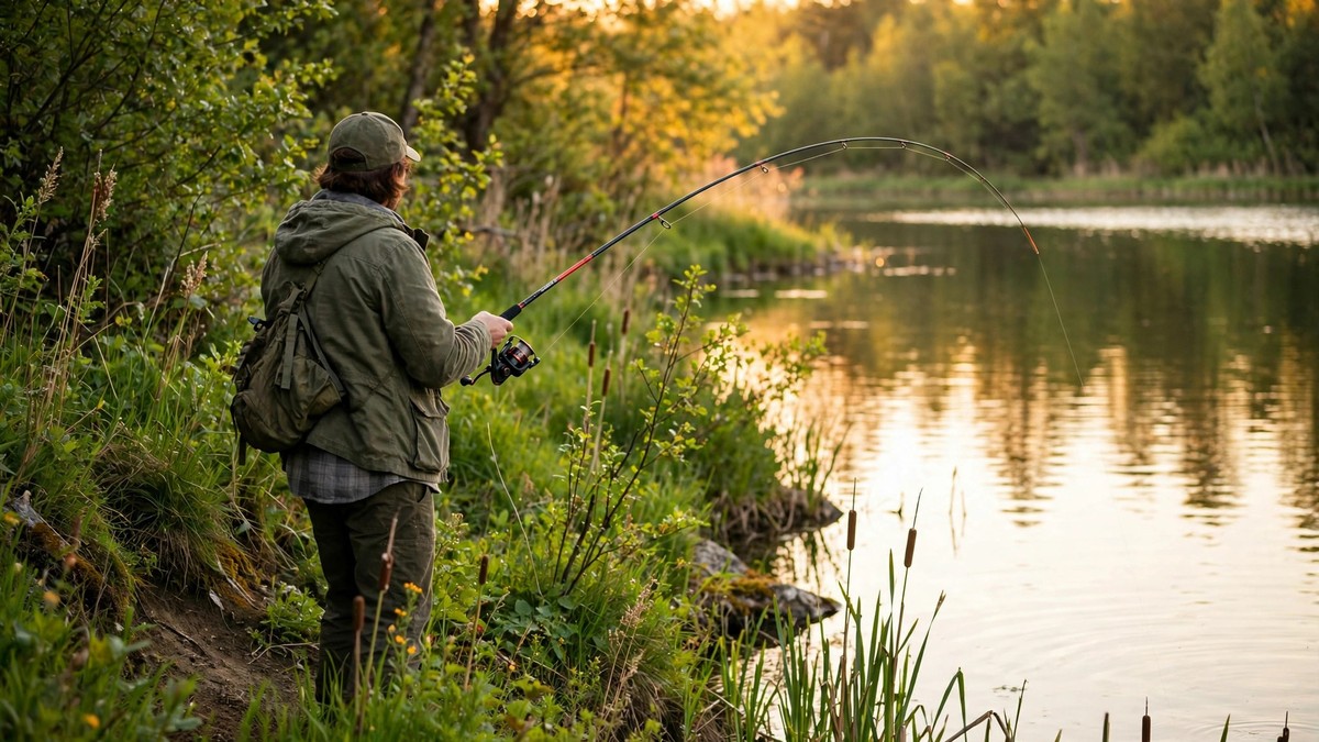 Angler fishing from a lake bank at golden hour with a spinning rod