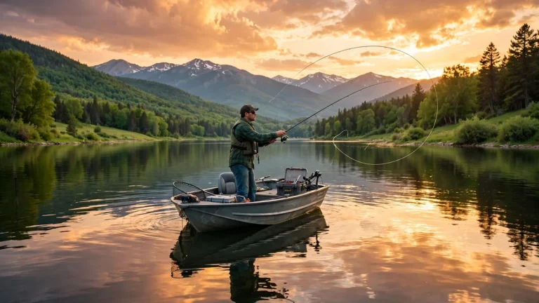 Angler casting from a fishing boat on a mountain lake at sunset