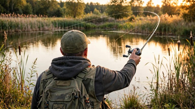 Angler casting a baitcasting reel at a pond at sunset