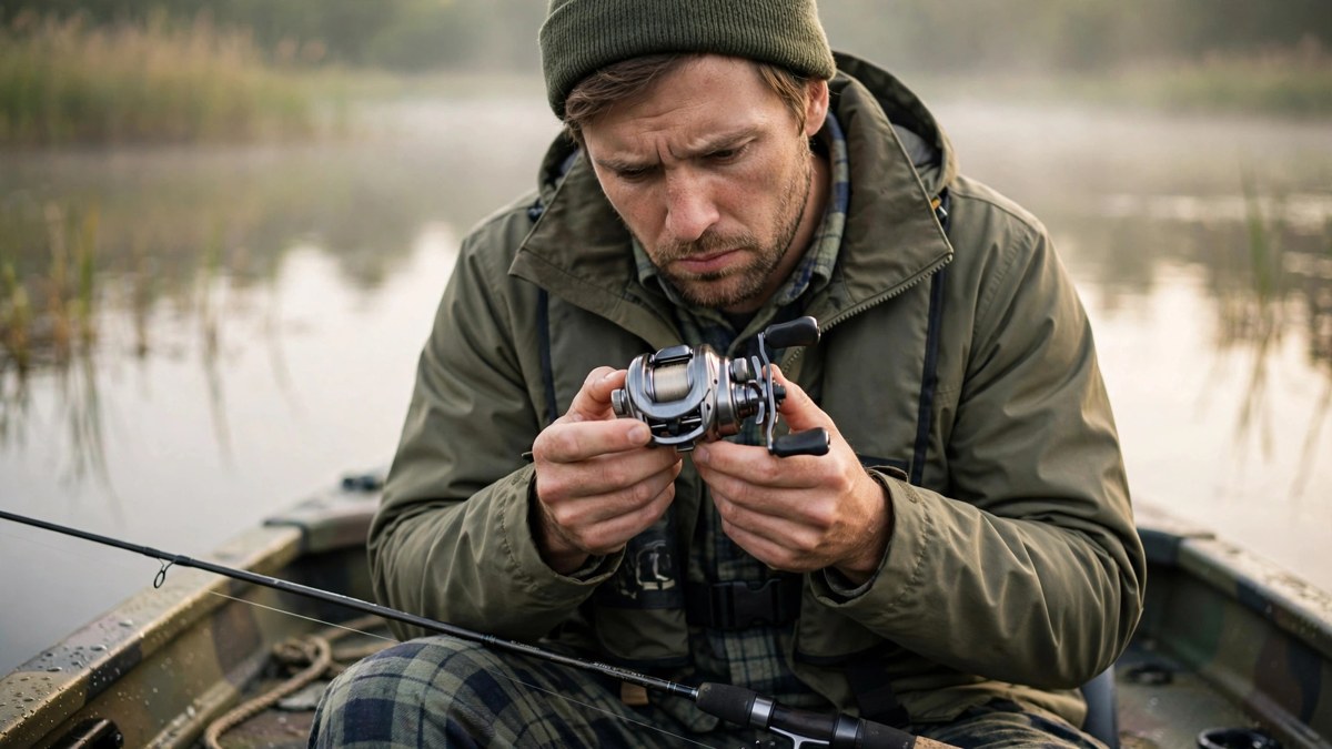 Angler in a bass boat holding a baitcasting reel up close and inspecting the level wind