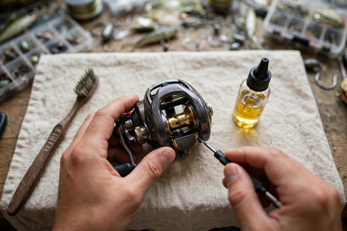 Hands repairing a baitcasting reel on a workbench with a screwdriver, toothbrush and reel oil