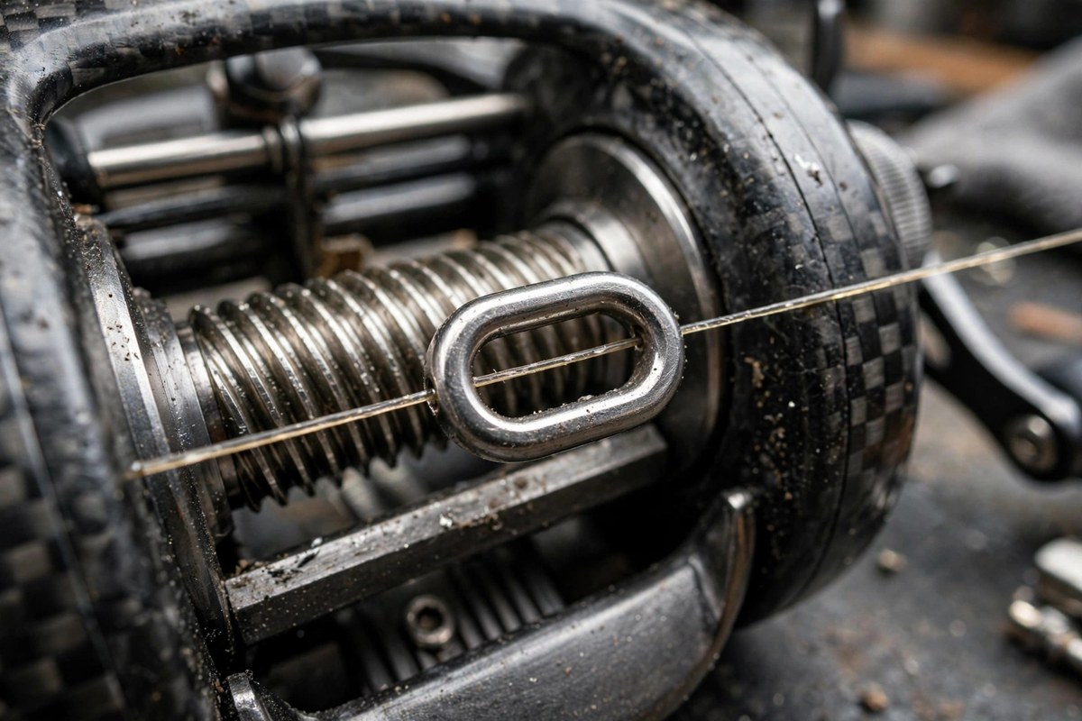 Close-up of a baitcasting reel level wind line guide and worm gear with line running through it